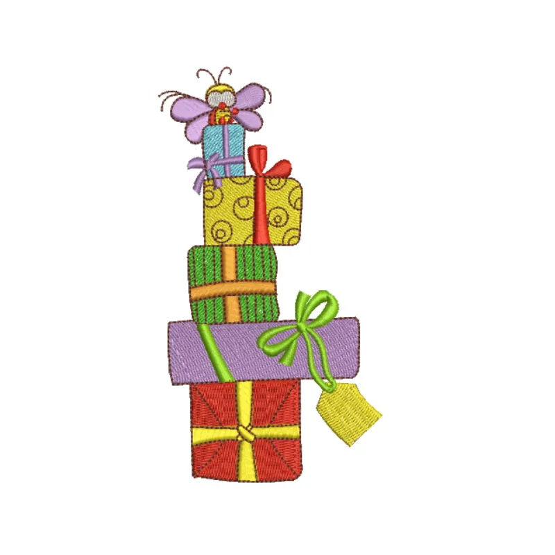 Colorful birthday presents embroidery design featuring festive motifs for joyful stitching projects.