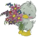 Embroidery design preview of a charming duckling holding a bouquet, perfect for farm animal themed projects.