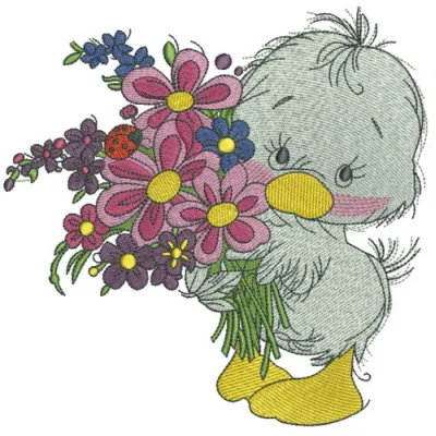 Embroidery design preview of a charming duckling holding a bouquet, perfect for farm animal themed projects.
