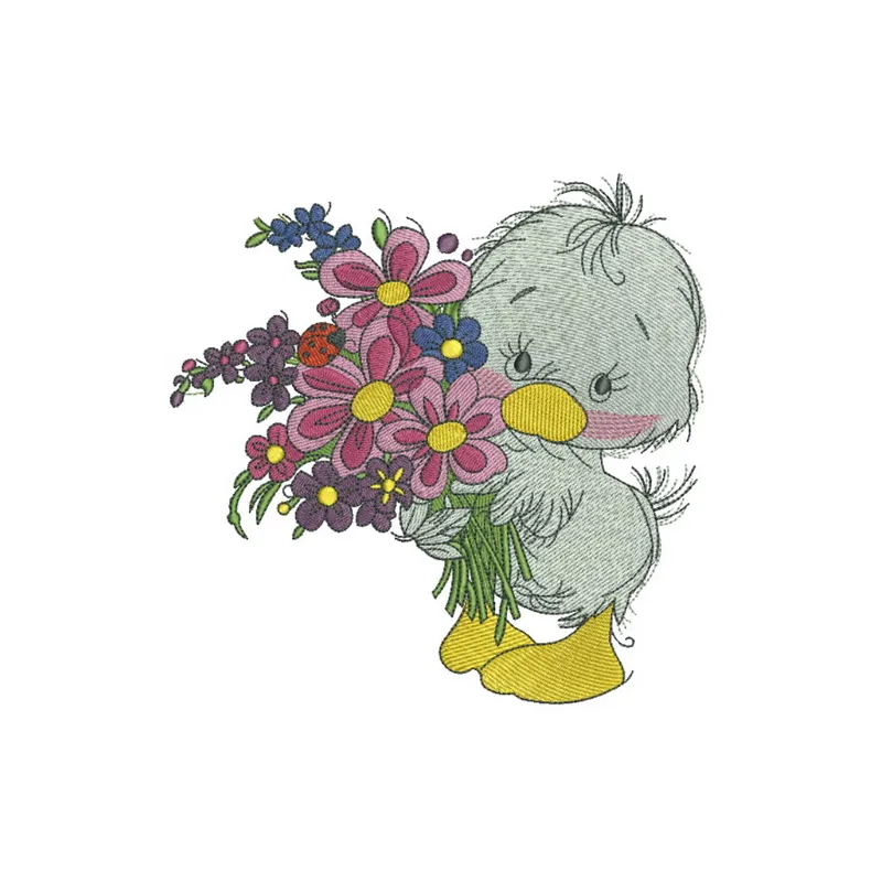 Embroidery design preview of a charming duckling holding a bouquet, perfect for farm animal themed projects.