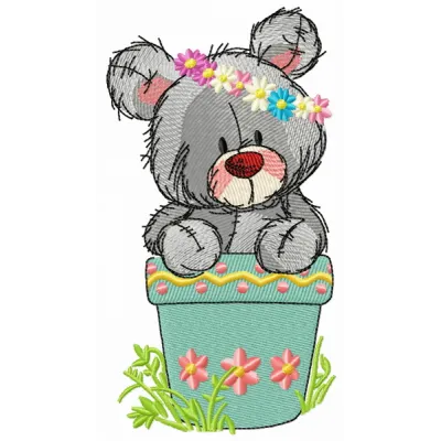 Teddy bear in flower pot 2 embroidery design featuring a cute bear surrounded by colorful flowers.