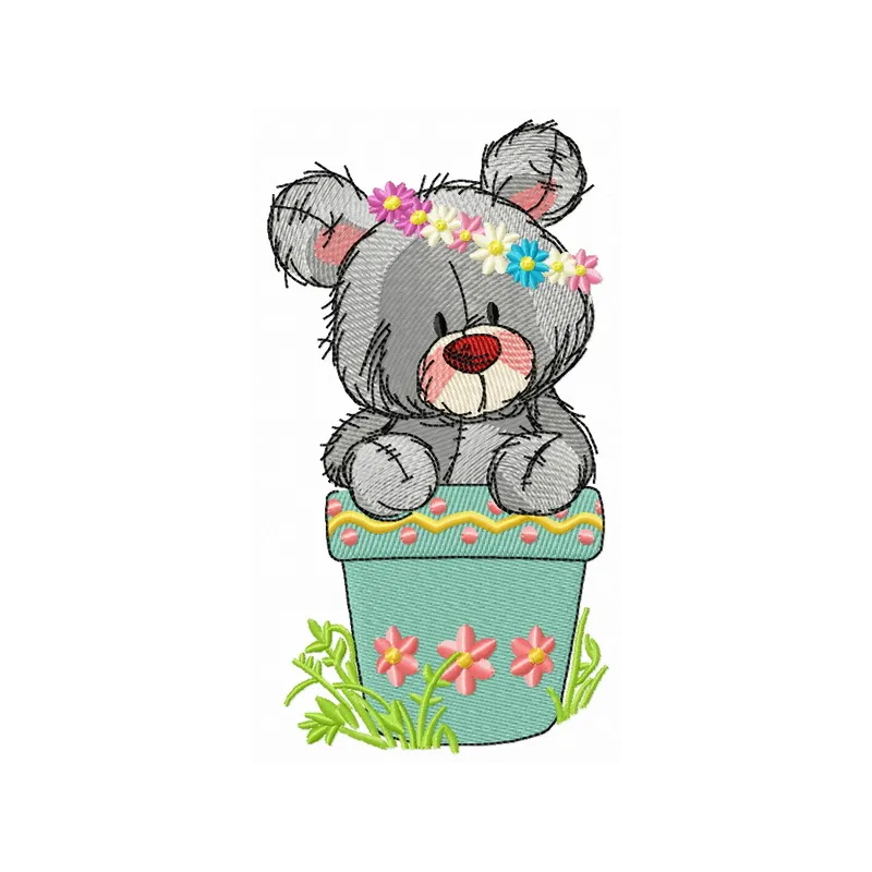 Teddy bear in flower pot 2 embroidery design featuring a cute bear surrounded by colorful flowers.
