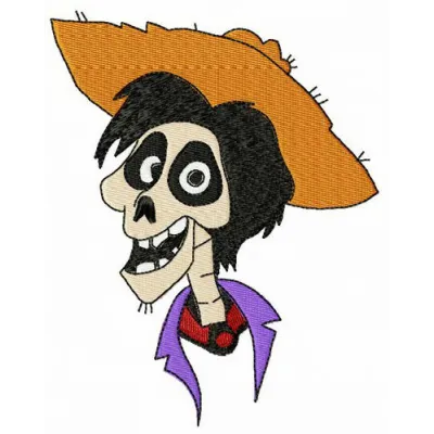 Preview of Hector from Coco embroidery design, featuring vibrant colors and intricate stitching patterns.