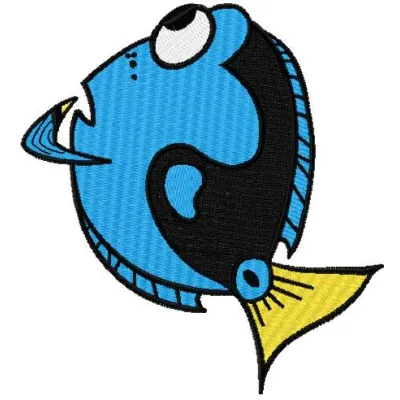 Thinking Dory embroidery design featuring the beloved character from Finding Nemo, perfect for kids' apparel and accessories.