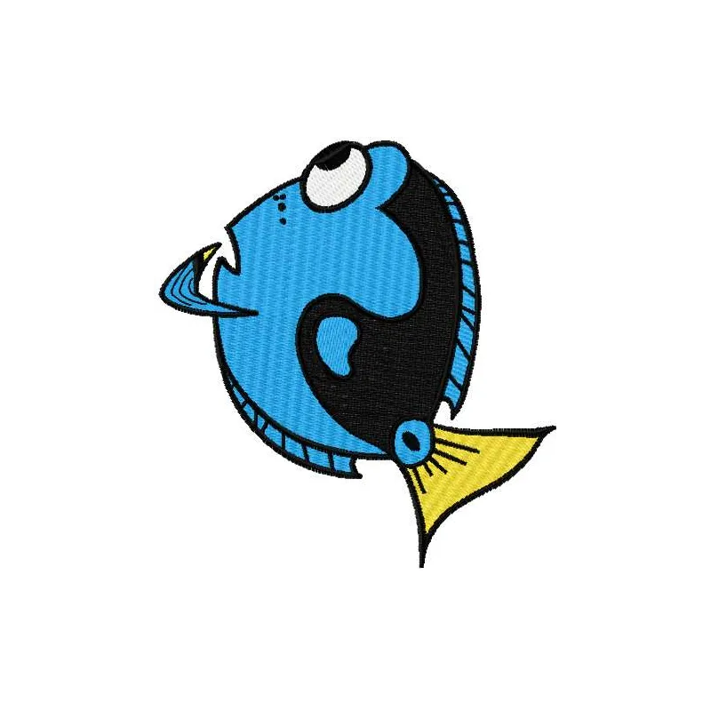 Thinking Dory embroidery design featuring the beloved character from Finding Nemo, perfect for kids' apparel and accessories.