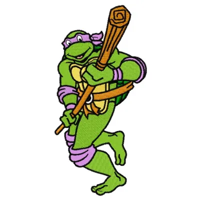 Embroidery design featuring Donatello from Teenage Mutant Ninja Turtles in an action-packed pose.