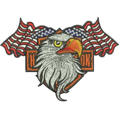 Harley and eagle embroidery design showcasing a detailed motorcycle-themed stitched motif for various projects.