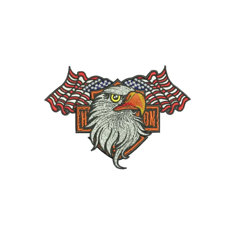 Harley and eagle embroidery design showcasing a detailed motorcycle-themed stitched motif for various projects.