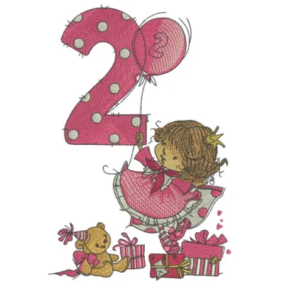 Charming girl's 2nd birthday embroidery design featuring playful elements, perfect for baby onesies and party decor.