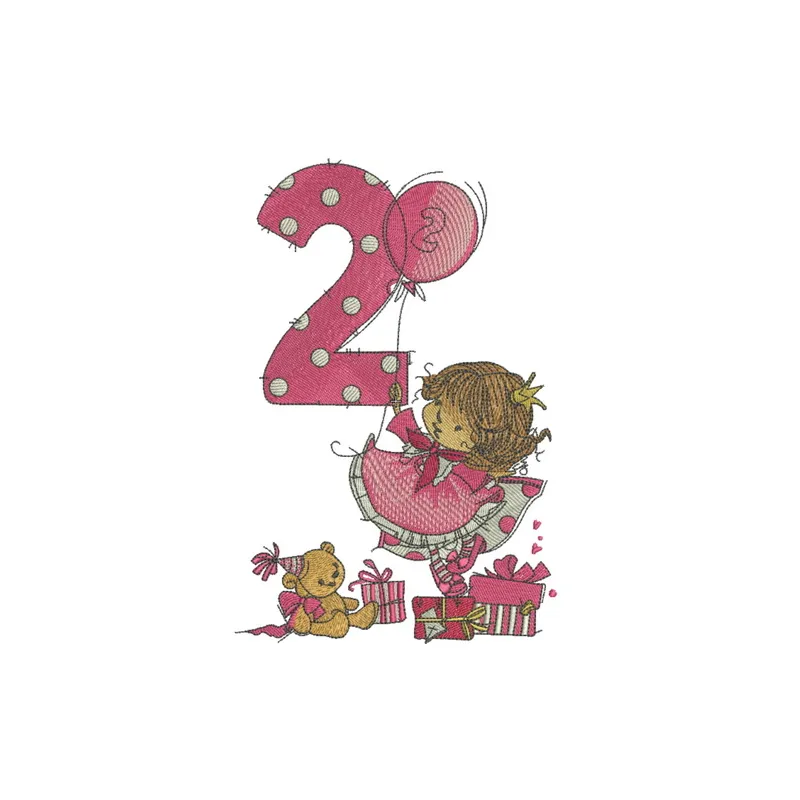 Charming girl's 2nd birthday embroidery design featuring playful elements, perfect for baby onesies and party decor.