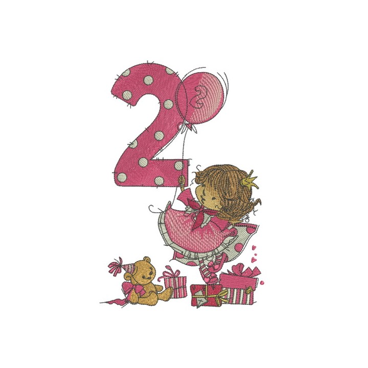 Girl's 2nd birthday embroidery design - Embroidery Design