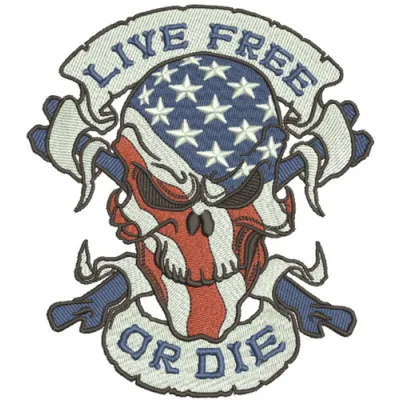 Preview of the 'Live Free or Die 3' embroidery design, featuring a patriotic theme perfect for Independence Day stitching.