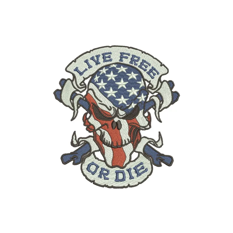 Preview of the 'Live Free or Die 3' embroidery design, featuring a patriotic theme perfect for Independence Day stitching.