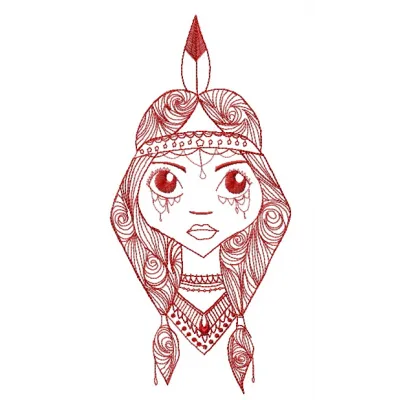 Preview of a Native American girl embroidery design featuring intricate details and vibrant colors.