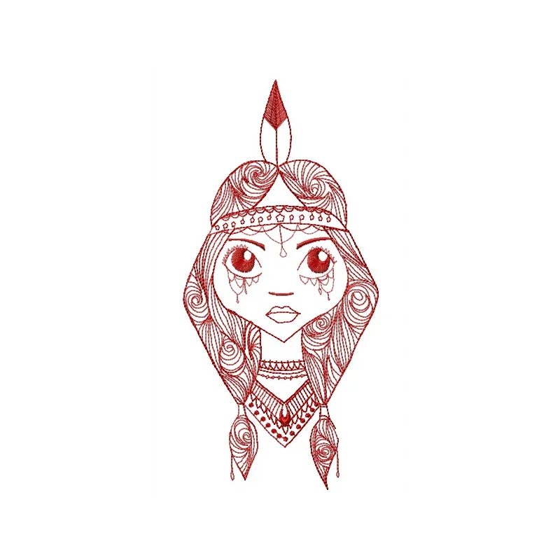 Preview of a Native American girl embroidery design featuring intricate details and vibrant colors.