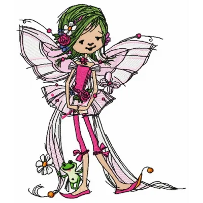 Embroidery design featuring a young fairy with a frog, ideal for enchanting apparel and home decor projects.