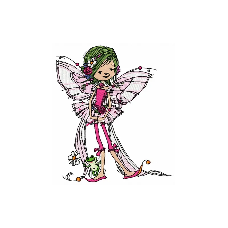 Embroidery design featuring a young fairy with a frog, ideal for enchanting apparel and home decor projects.