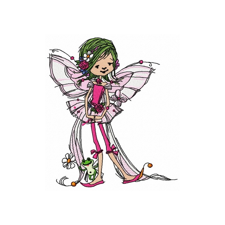 Young fairy with frog embroidery design - Embroidery Design