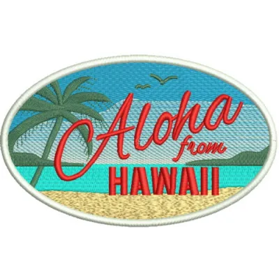 Aloha from Hawaii embroidery design featuring tropical motifs, perfect for embellishing shirts and tote bags.