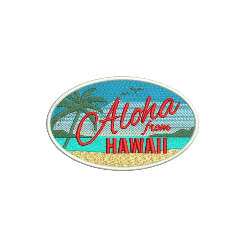 Aloha from Hawaii embroidery design featuring tropical motifs, perfect for embellishing shirts and tote bags.