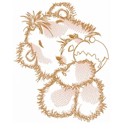 Sketch of a teddy bear enjoying a cupcake, featured in an adorable embroidery design for crafters.