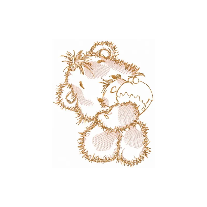 Sketch of a teddy bear enjoying a cupcake, featured in an adorable embroidery design for crafters.