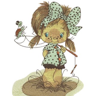 Cute little fisher girl embroidery design - Embroidery Design