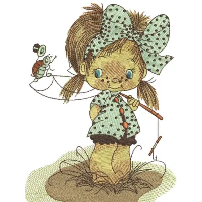Cute little fisher girl embroidery design for baby items, showcasing a whimsical and playful stitched motif.