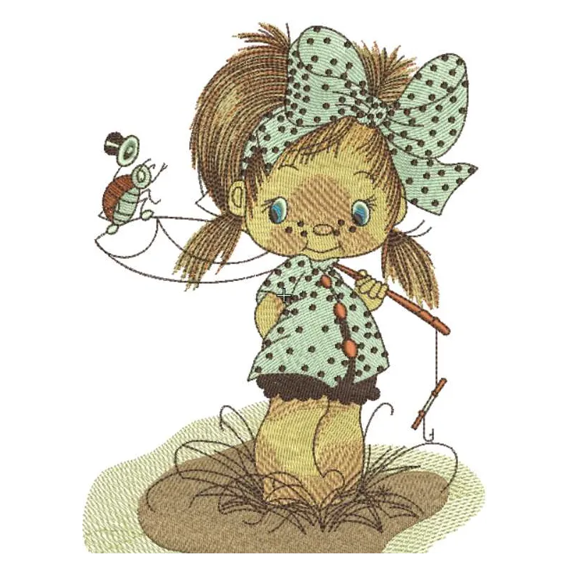 Cute little fisher girl embroidery design for baby items, showcasing a whimsical and playful stitched motif.