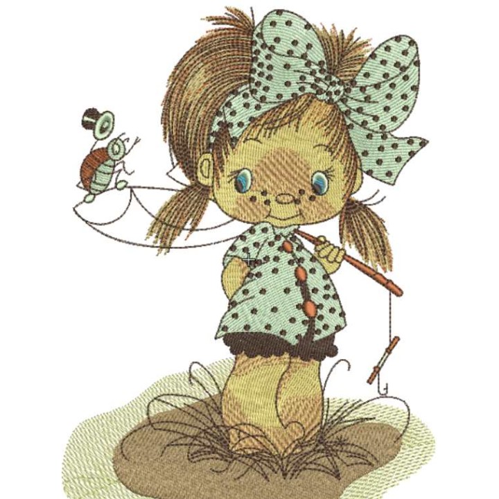 Cute little fisher girl embroidery design - Embroidery Design