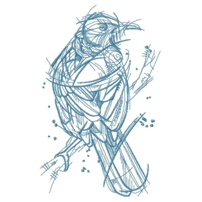 Forest bird sketch embroidery design featuring intricate details, perfect for adding charm to fabric projects.