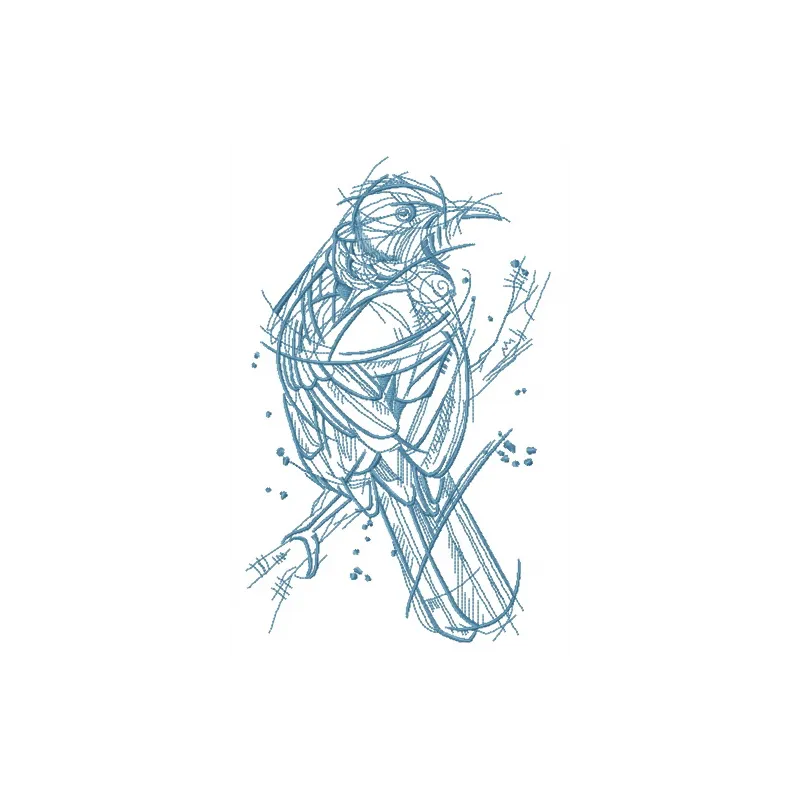 Forest bird sketch embroidery design featuring intricate details, perfect for adding charm to fabric projects.