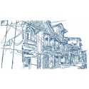 Old town sketch embroidery design showcasing a charming scenic view, ideal for travel-themed projects.