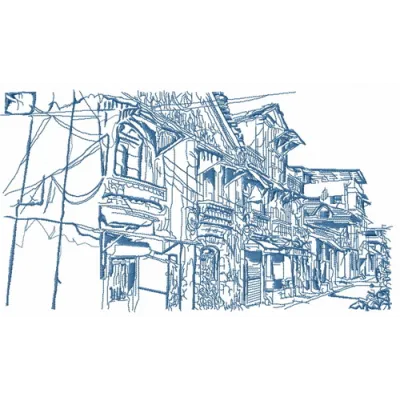 Old town sketch embroidery design showcasing a charming scenic view, ideal for travel-themed projects.