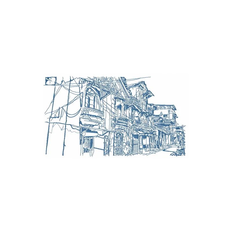 Old town sketch embroidery design showcasing a charming scenic view, ideal for travel-themed projects.