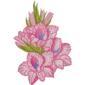 Bouquet of pink gladioluses embroidery design showcasing vibrant floral stitching patterns for creative projects.