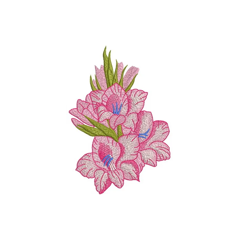 Bouquet of pink gladioluses embroidery design showcasing vibrant floral stitching patterns for creative projects.