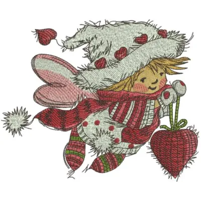 Christmas fairy embroidery design featuring a red heart, perfect for festive stitching on holiday projects.