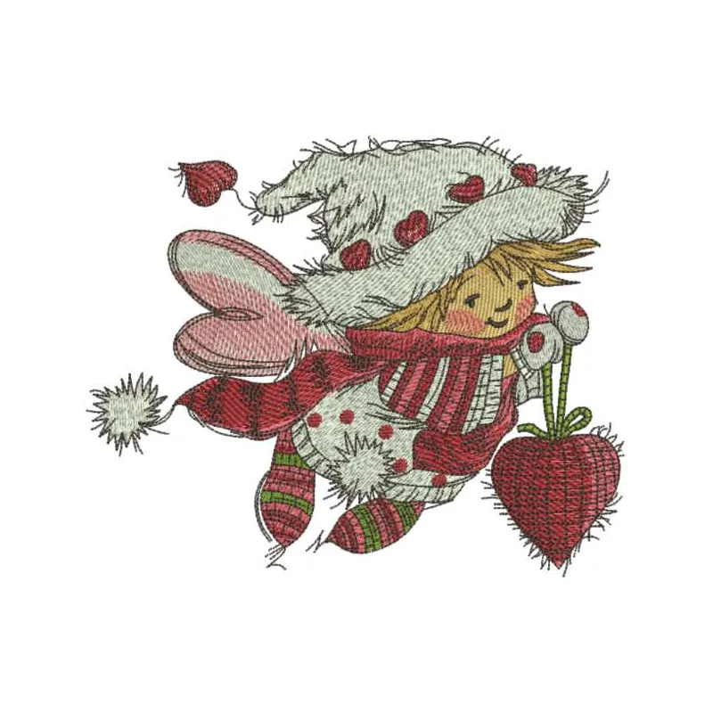 Christmas fairy embroidery design featuring a red heart, perfect for festive stitching on holiday projects.