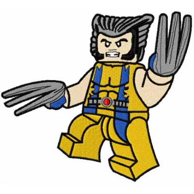 Lego Wolverine embroidery design showcasing a playful stitched motif of the iconic character for crafting projects.