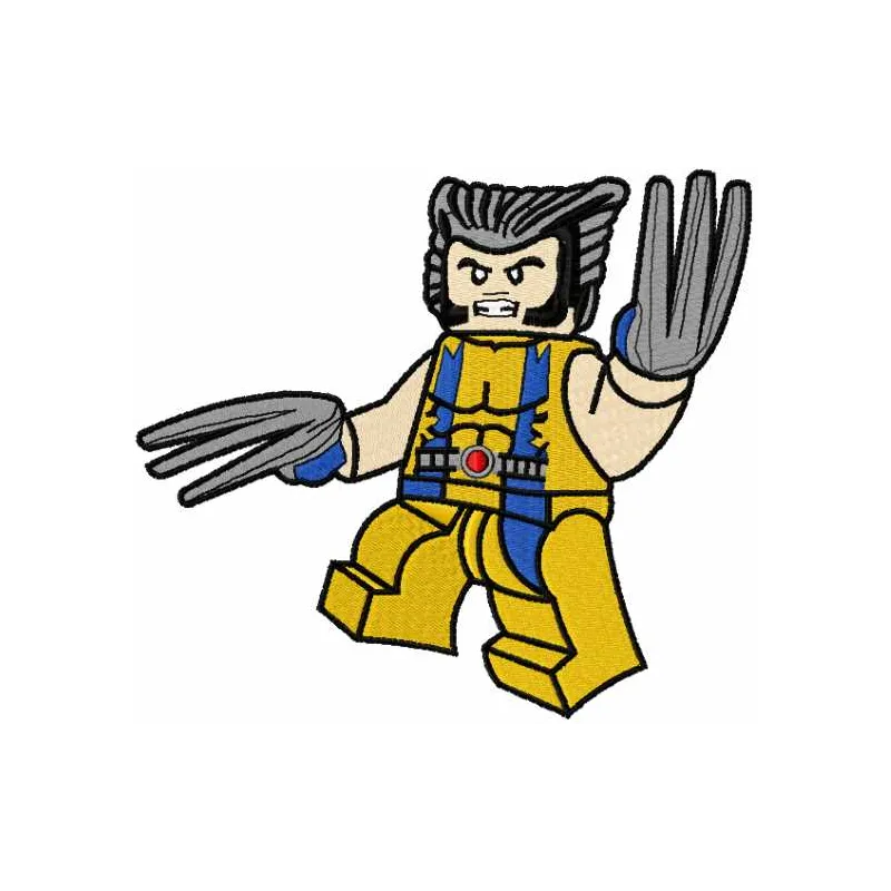 Lego Wolverine embroidery design showcasing a playful stitched motif of the iconic character for crafting projects.