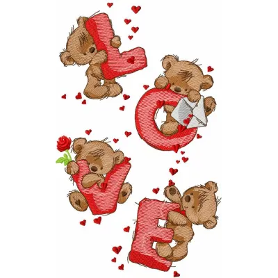 Teddy bear love embroidery design for Valentine's Day, featuring a cute bear surrounded by hearts and flowers.