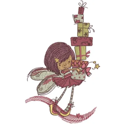 Preview of a fairy with gifts embroidery design, showcasing intricate details for stitching on various fabrics.