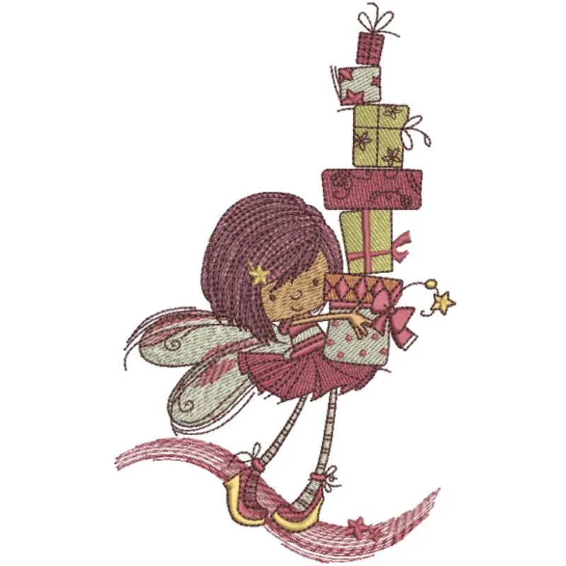 Preview of a fairy with gifts embroidery design, showcasing intricate details for stitching on various fabrics.