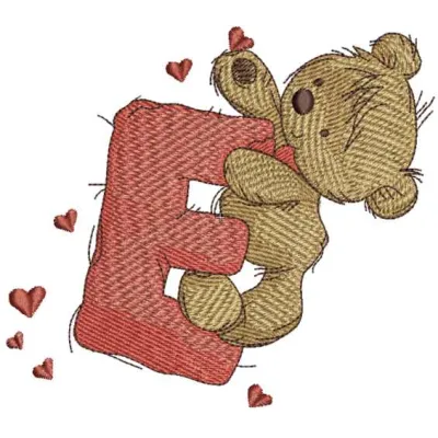 Teddy Bear embroidery design featuring the letter E, perfect for personalizing baby onesies and gifts.