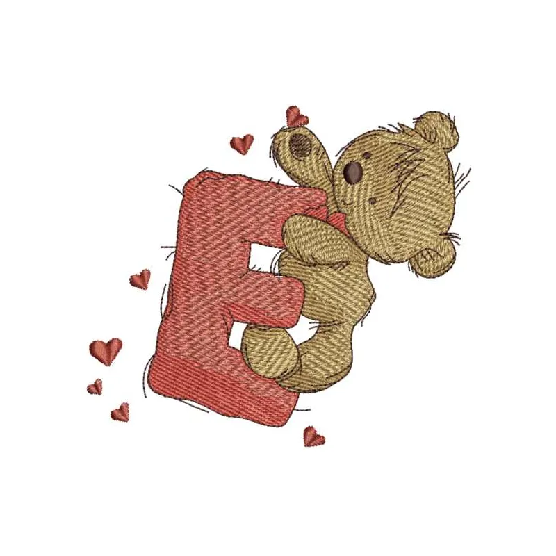 Teddy Bear embroidery design featuring the letter E, perfect for personalizing baby onesies and gifts.
