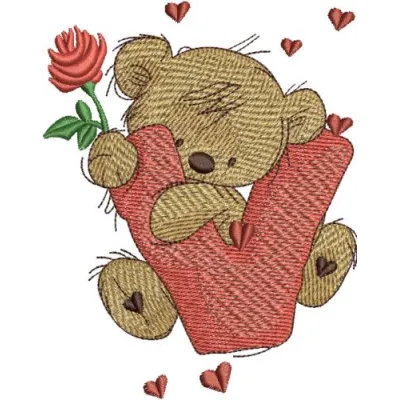 Teddy Bear embroidery design featuring the letter V, perfect for personalizing gifts or children's items.
