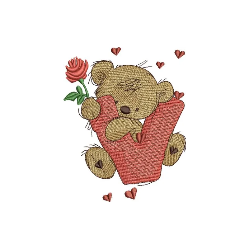 Teddy Bear embroidery design featuring the letter V, perfect for personalizing gifts or children's items.