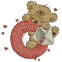 Teddy Bear embroidery design featuring the letter O, ideal for baby onesies and children's apparel.