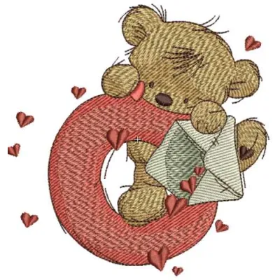 Teddy Bear embroidery design featuring the letter O, ideal for baby onesies and children's apparel.